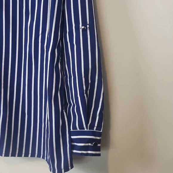 CORAL BAY Blue White Stripe Roll-Tab Pocket Blouse - Picture 6 of 12